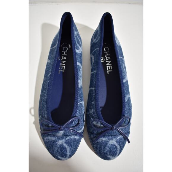 Chanel 23B Printed Denim Blue White CC Logo Bow Tie Ballet Ballerina Flat 36.5 - Picture 8 of 12